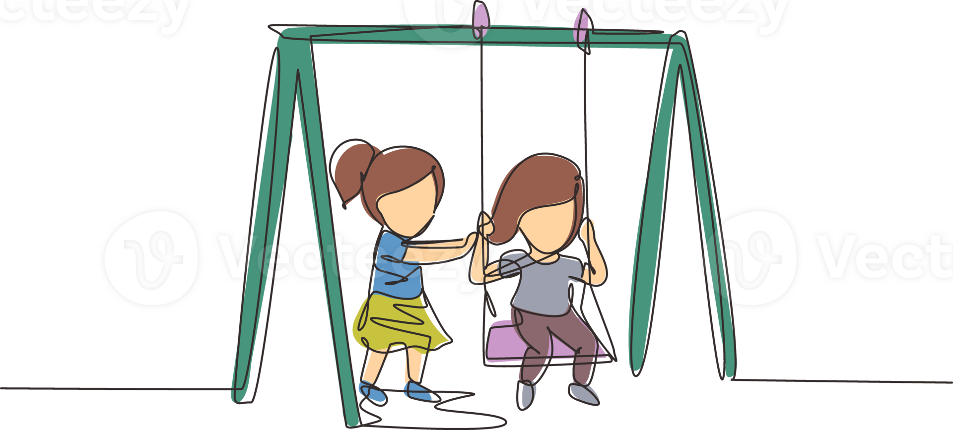 Single one line drawing cute little girl swinging on swing and her friend helped push from behind. Kids playing swing together in kindergarten playground. Continuous line draw design graphic png