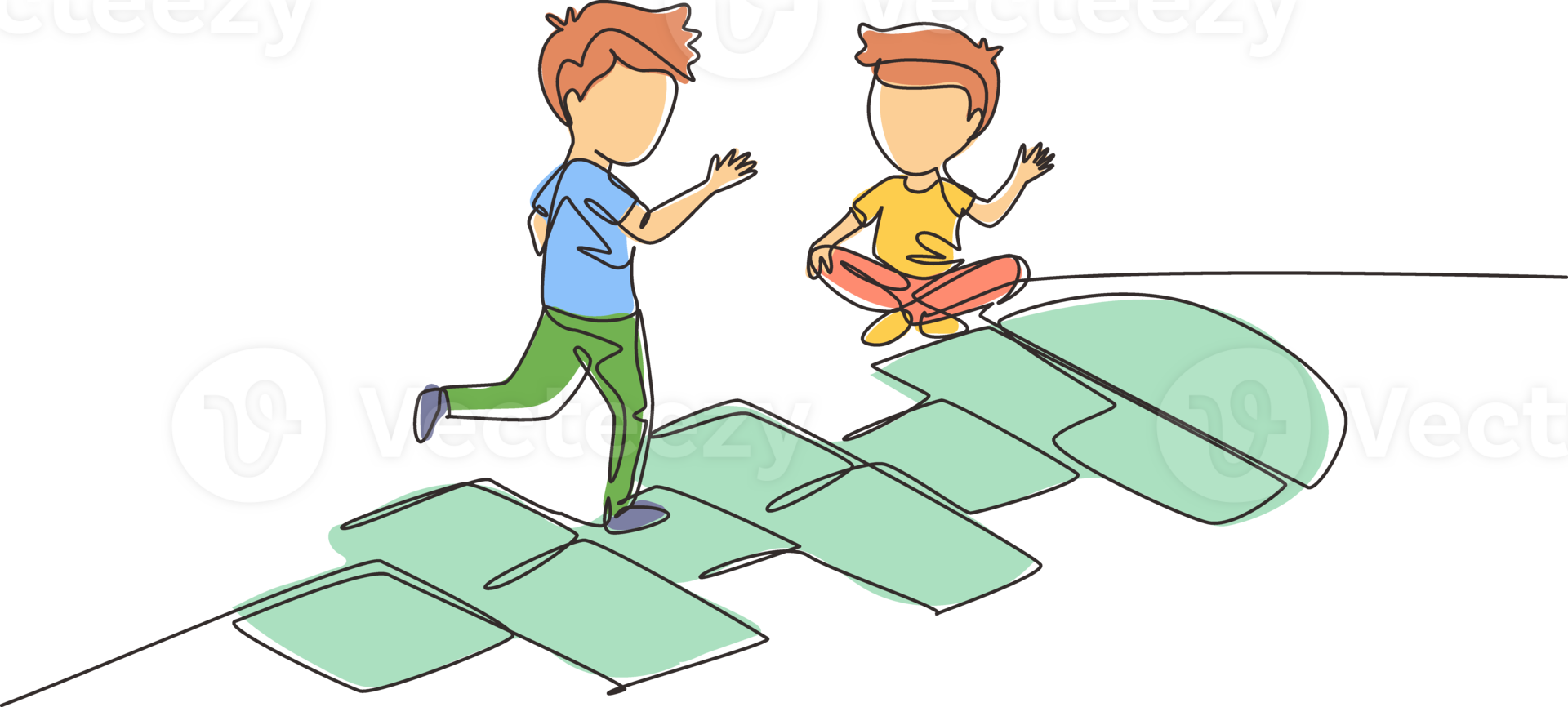 Single continuous line drawing two little boys playing hopscotch at kindergarten yard. Kids playing hopscotch game outside. Hop scotch court drawn with chalk. One line draw graphic design vector png