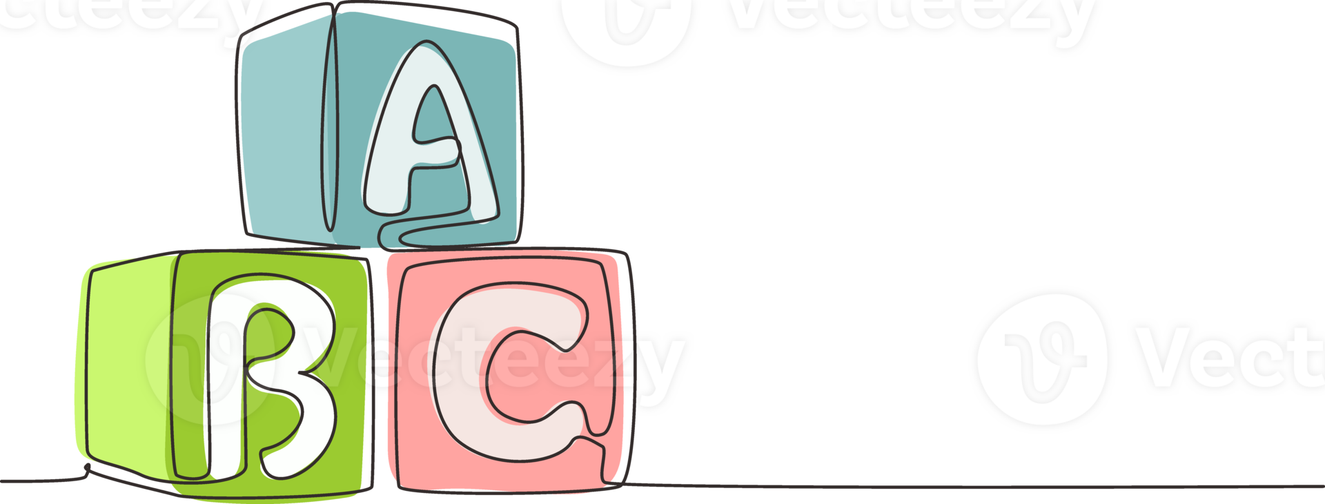 Single one line drawing alphabet cubes with letters ABC. Block building tower. ABC letters