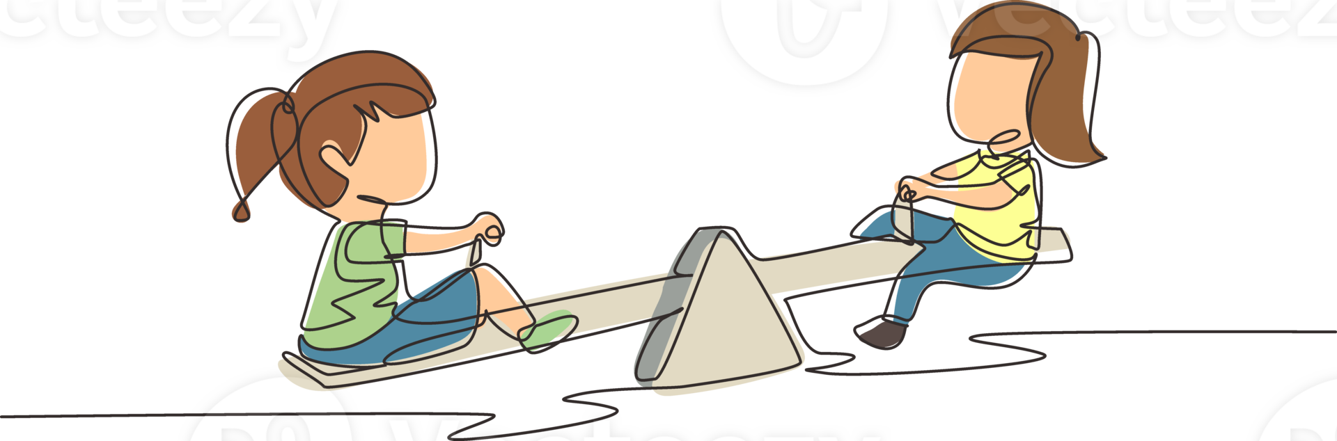 Continuous one line drawing two little girls swinging on seesaw. Kids having fun at playground. Cute kids playing seesaw together happily at park. Single line draw design graphic illustration png