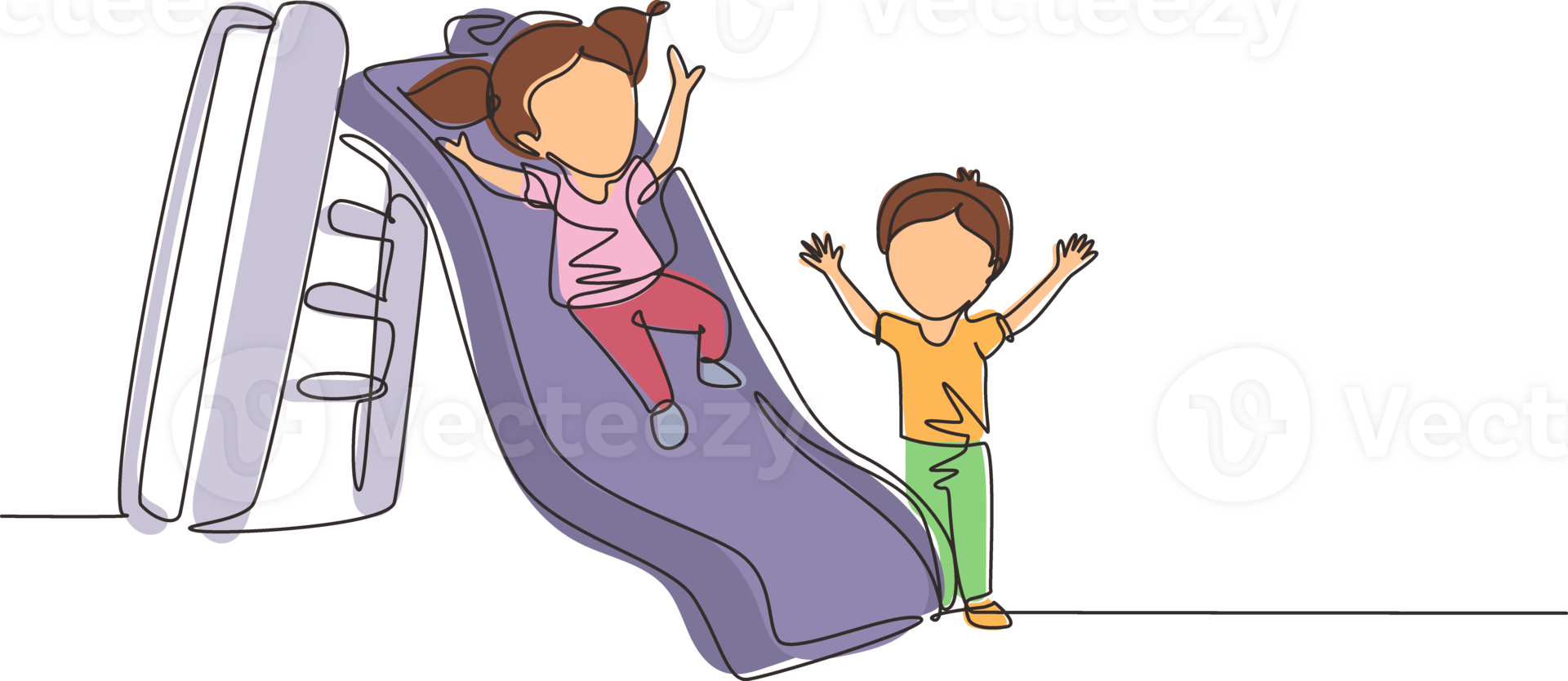 Single one line drawing preschool kids playing together in kindergarten. Little girl sliding down the slide and smiling boy seeing her on side of slide. Continuous line draw design graphic png