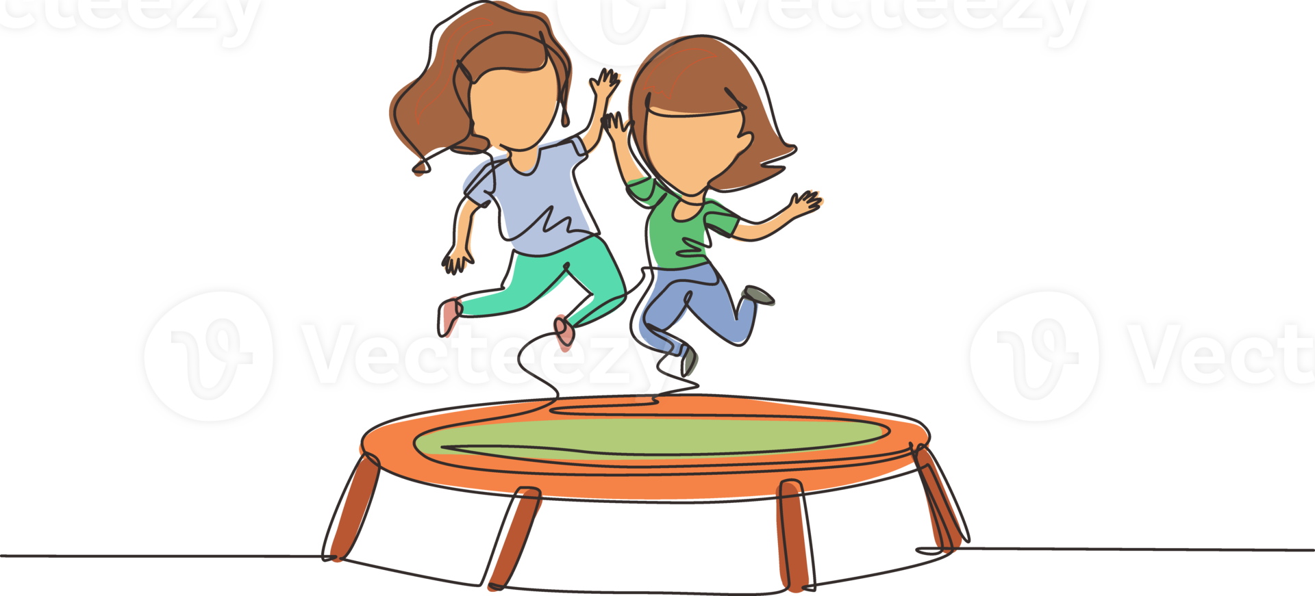 Single continuous line drawing two little girl jumping on trampoline together. Happy kids jumping on round trampoline. Active children's outdoors games. One line graphic design illustration png