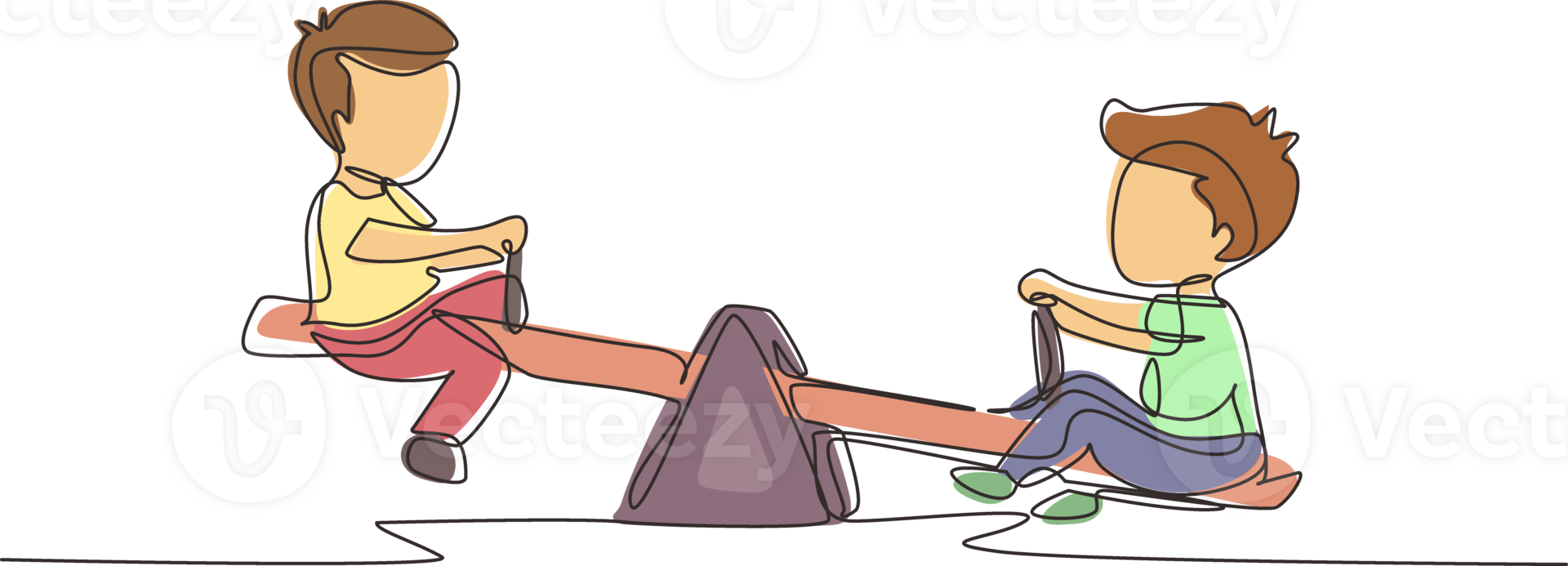 Continuous one line drawing two little boys swinging on seesaw. Kids having fun at playground. Cute kids playing seesaw together in kindergarten. Single line draw design graphic illustration png