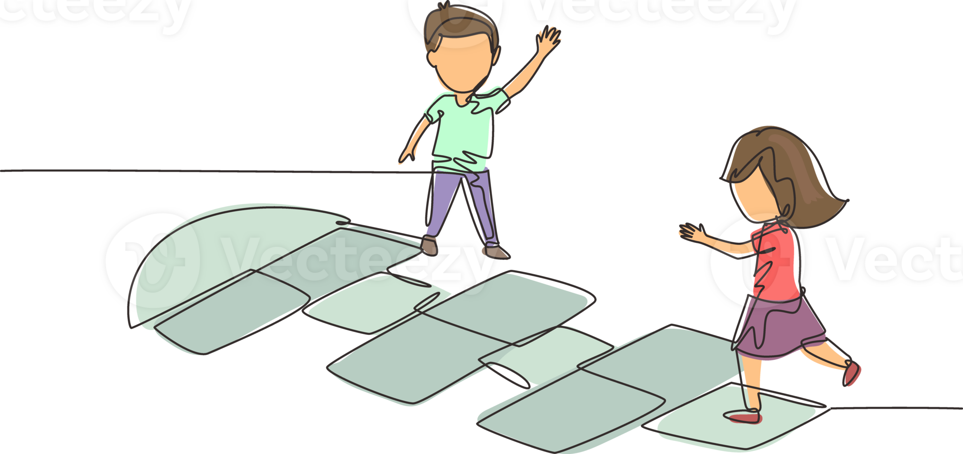 una sola línea continua dibujando a una niña y un niño jugando a la rayuela en el jardín de infantes. niños felices saltando en el patio de recreo. cancha de hop scotch dibujada con tiza. vector de diseño gráfico de dibujo de una línea png