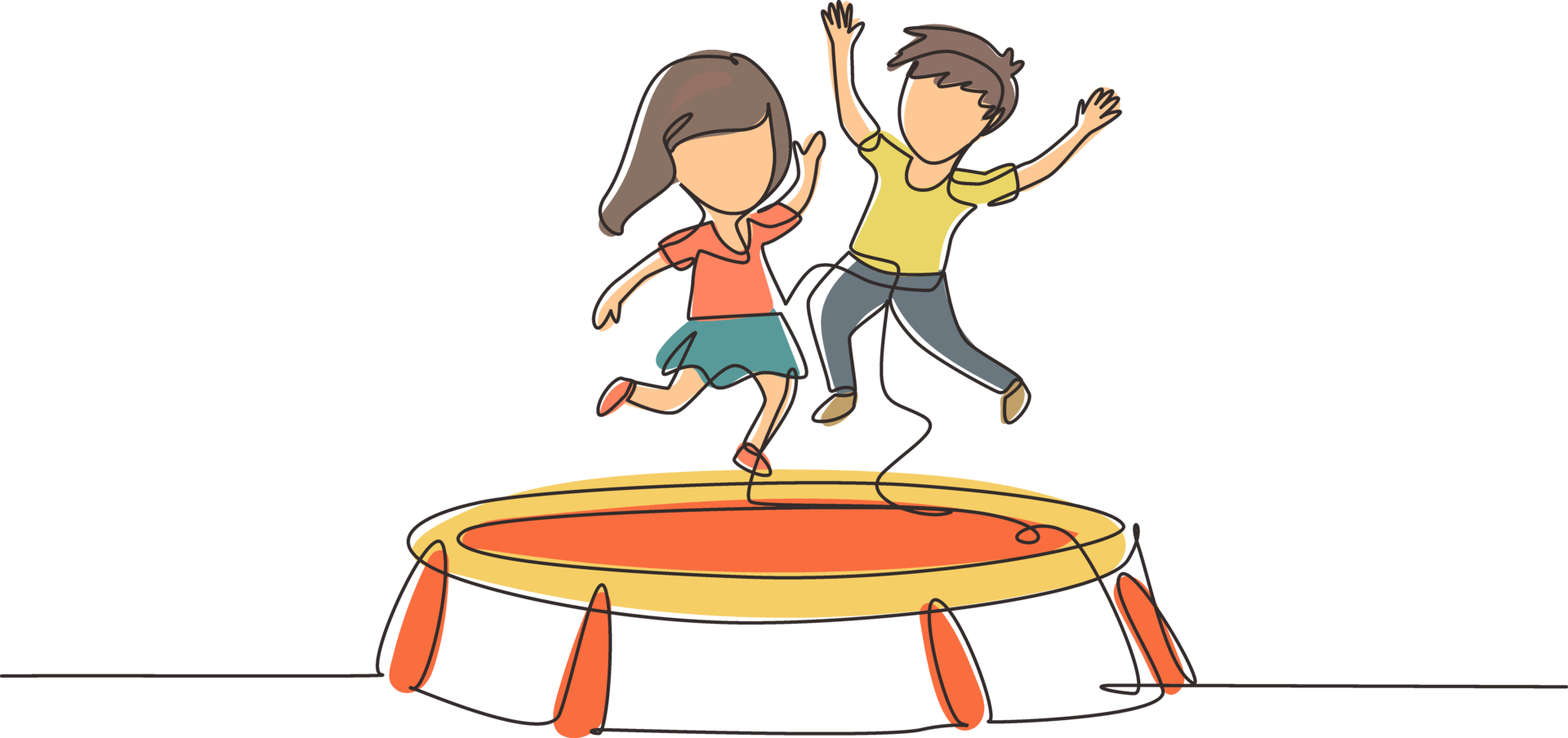 Continuous one line drawing happy girl and boy jumping together on