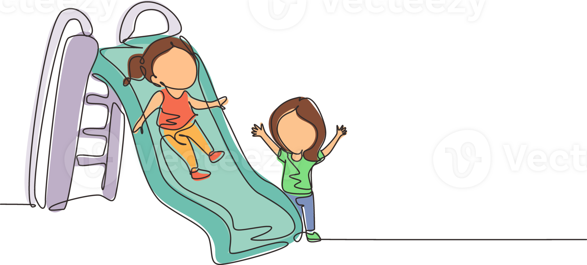 Single one line drawing smiling preschool girl sliding down slide and happy friend seeing her on side of slide. Kids playing together on playground. Modern continuous line draw design graphic png