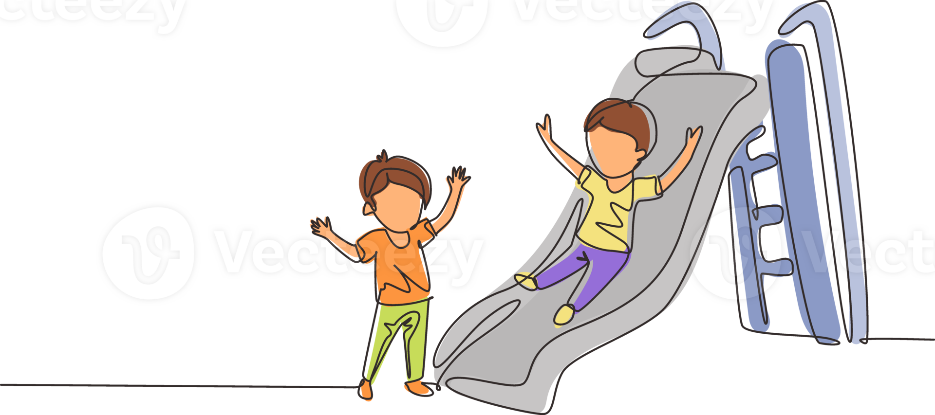 Continuous one line drawing smiling preschool boy sliding down slide and happy friend seeing him on side of slide. Kids playing together on playground. Single line design graphic illustration png
