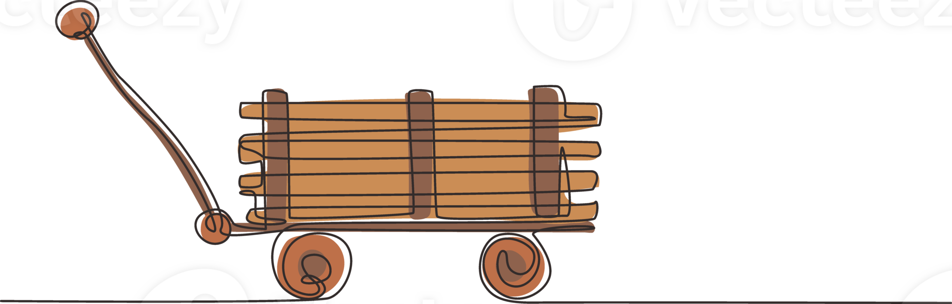 Continuous one line drawing toy mini wagon with wooden. Farm wheelbarrow. Equipment of garden cart for gardening, harvesting, planting seedlings. Single line draw design graphic illustration png