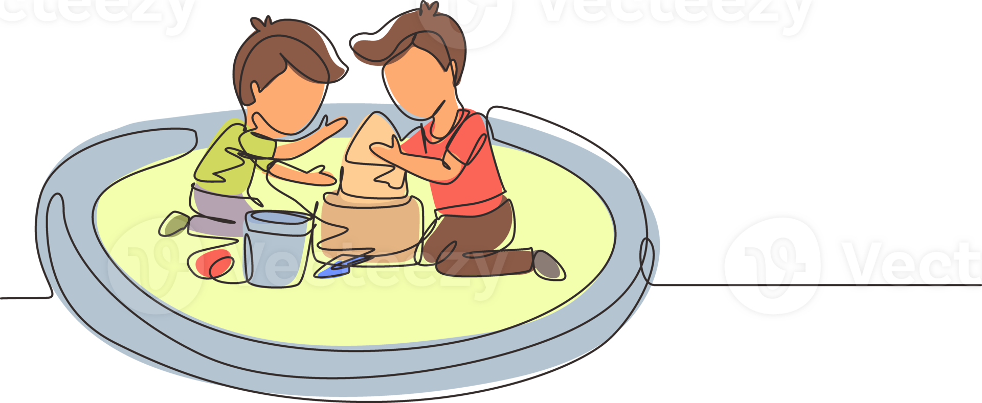 Single continuous line drawing two little boys build sandcastle together. Children sitting on sandbox and playing with sand castle. Brothers or friends having fun. One line draw graphic design png