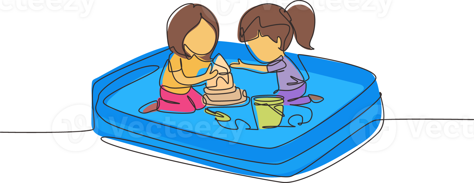 Single one line drawing two little girl playing and making sandcastle