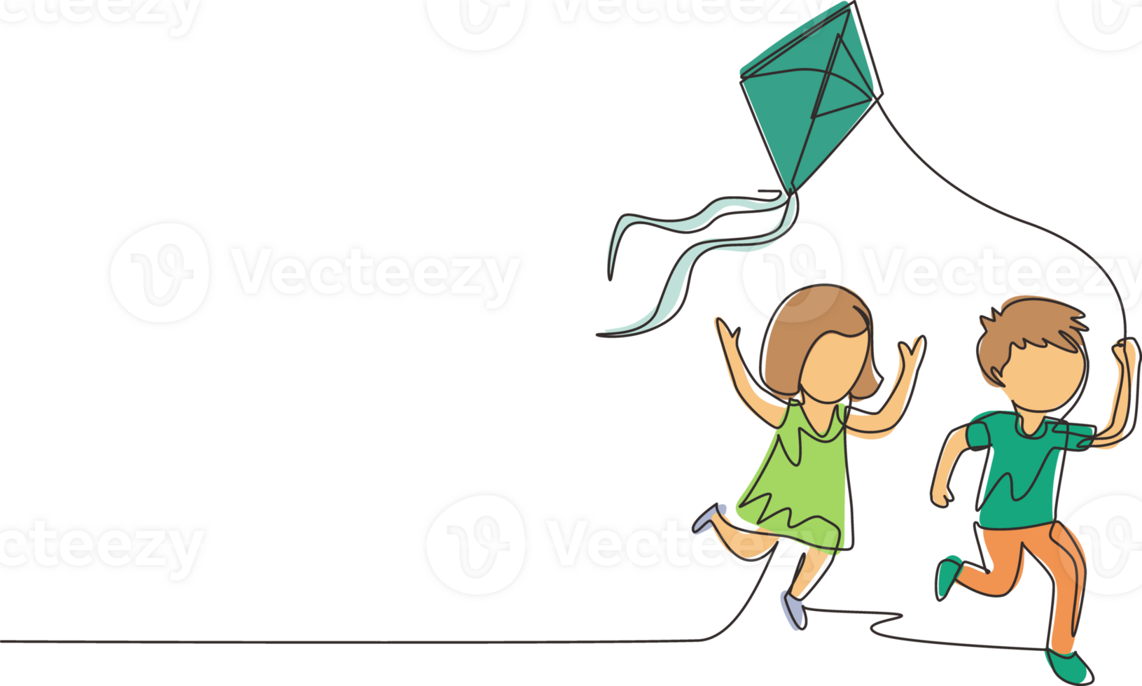 single doorlopend lijn tekening weinig jongen en meisje vliegend vlieger. broers en zussen spelen samen. kinderen spelen vlieger in speelplaats. kinderen met vliegers spel en ze kijken gelukkig. een lijn trek grafisch ontwerp png