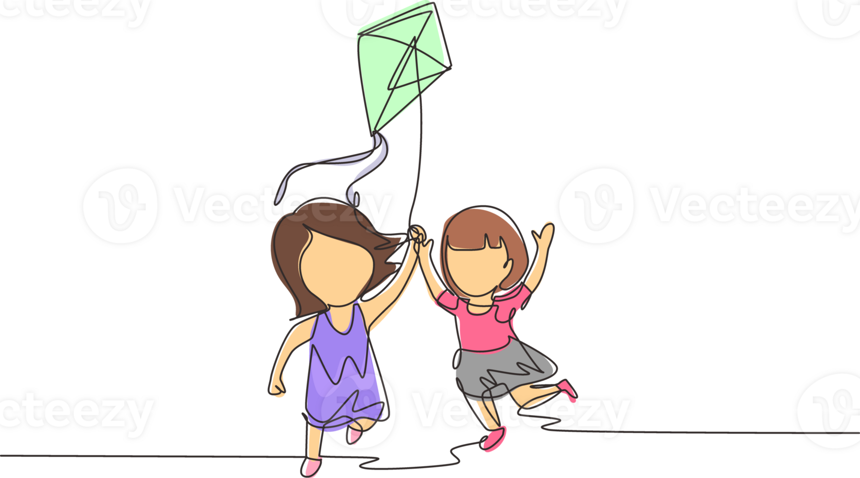 Single one line drawing two girl playing to fly kite up into sky at outdoor field. Kids playing kite in playground. Children with kites game and they look happy. Continuous line draw design graphic png