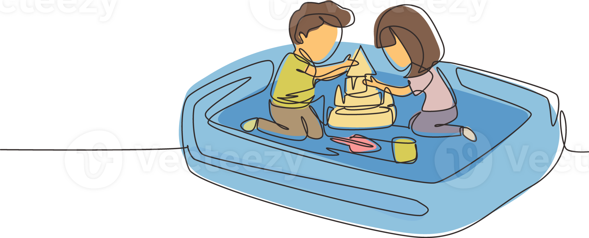 Single continuous line drawing boy and girl of preschool age are