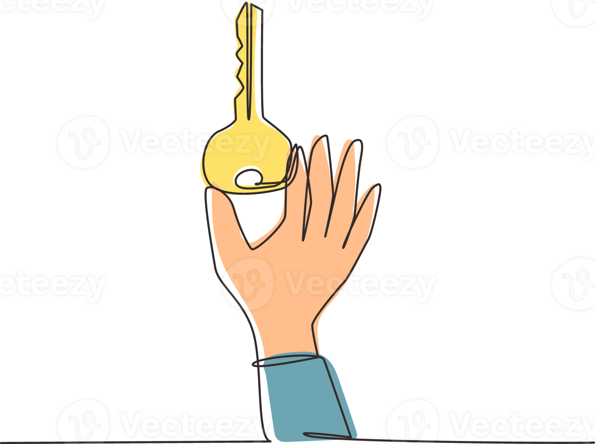 Single continuous line drawing hand holding modern key to unlock door