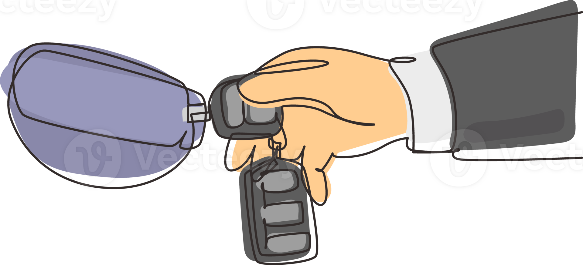 Single continuous line drawing woman with car key. Hand holding car key and alarm system. Female hand holding car key with alarm keychain. Dynamic one line draw graphic design illustration png