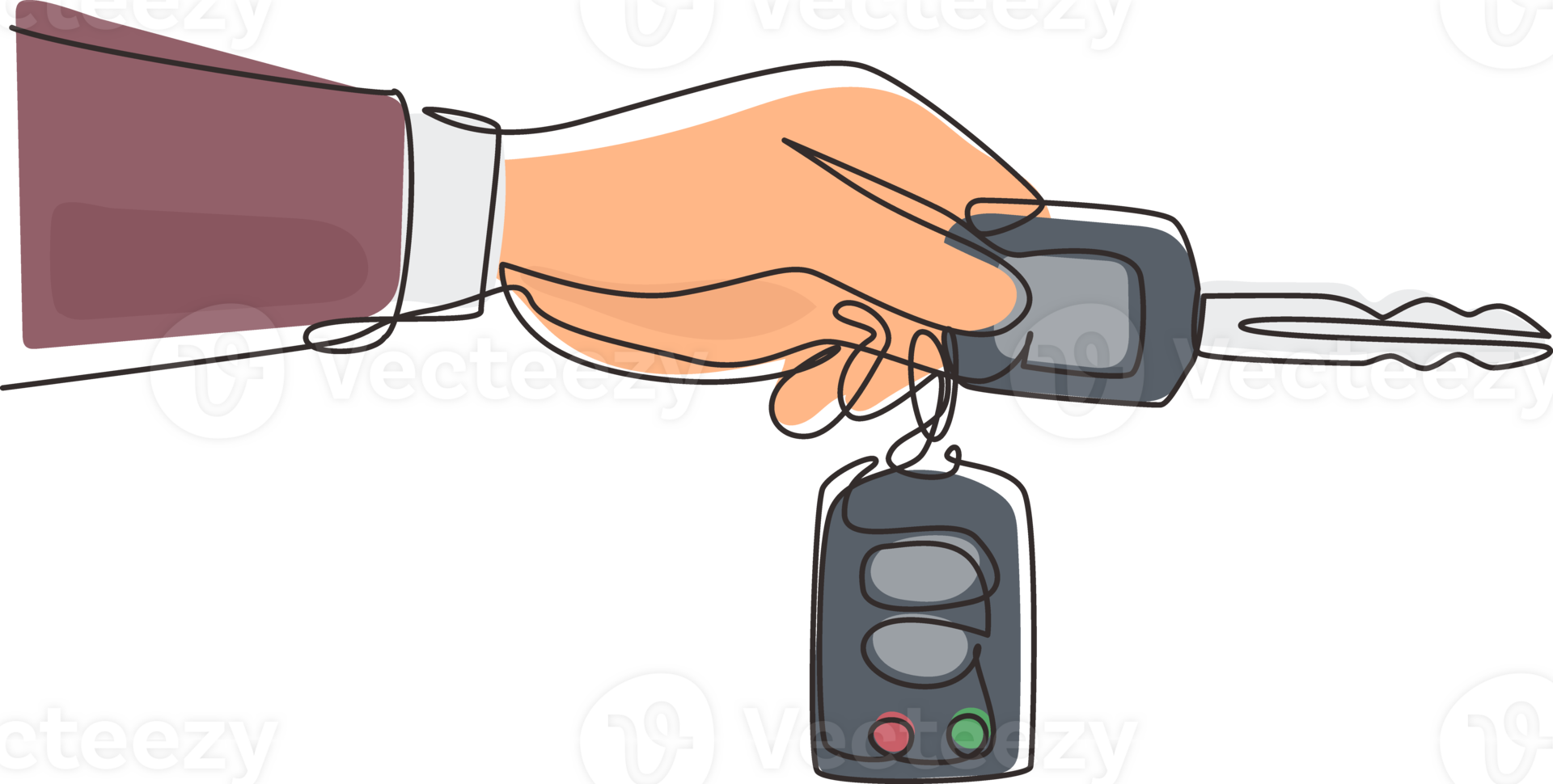 Célibataire un ligne dessin main en portant voiture clé et alarme système. Masculin main en portant voiture clé avec alarme porte-clés. main de voiture vendeur directeur en portant clé. continu ligne dessiner conception graphique png