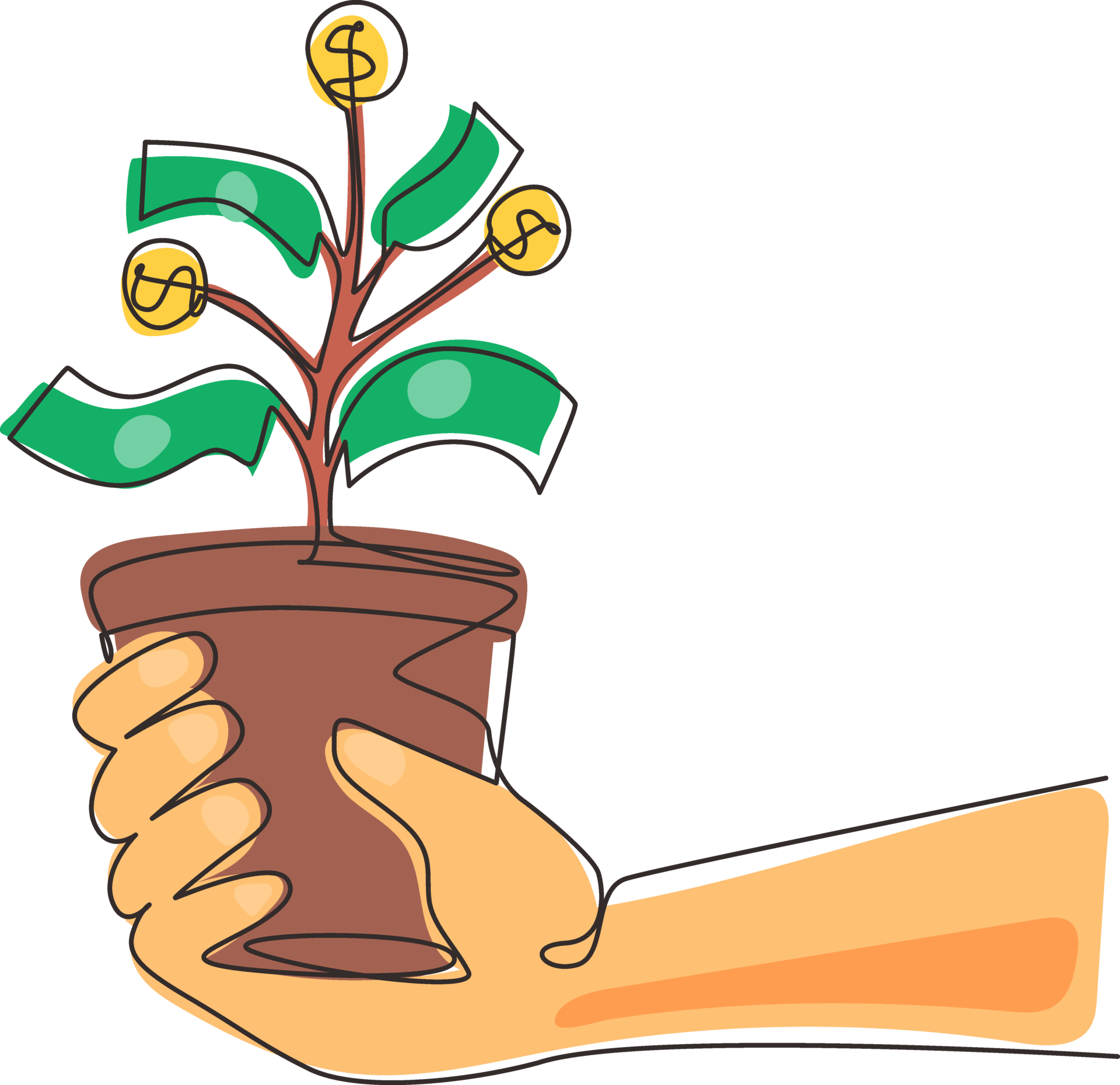 single-einer-linie-zeichnung-hand-mit-geld-pflanze-im-das-topf-geld