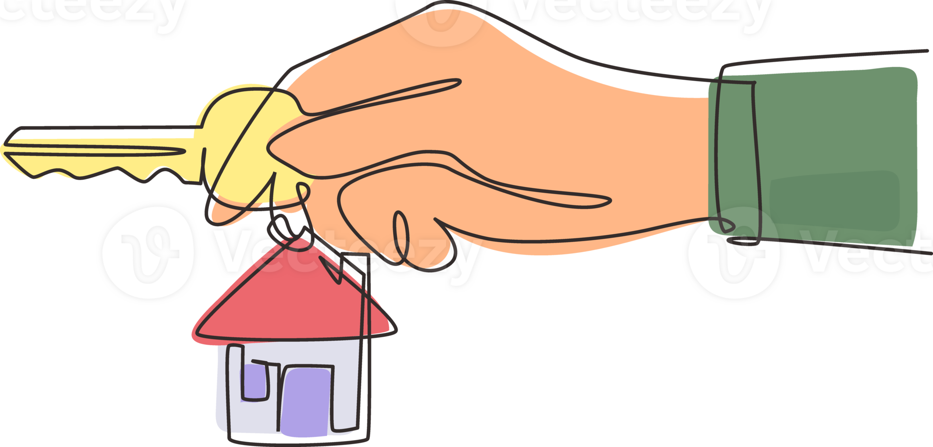 Continuous one line drawing hand holding a house key with clipping path. Real estate. Female hand holding key from house isolated on white. Buying the house. Single line draw design graphic png