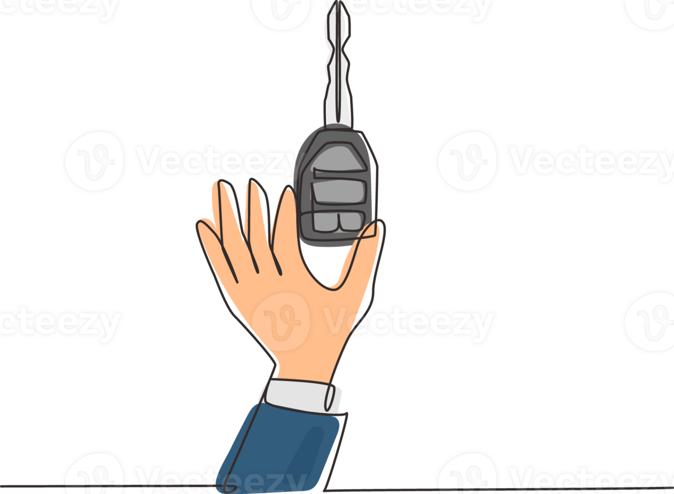 Single one line drawing male hand holding car key. Car sales theme. Hand of car salesman manager holding key isolated on white backdrop. Modern continuous line draw design graphic illustration png