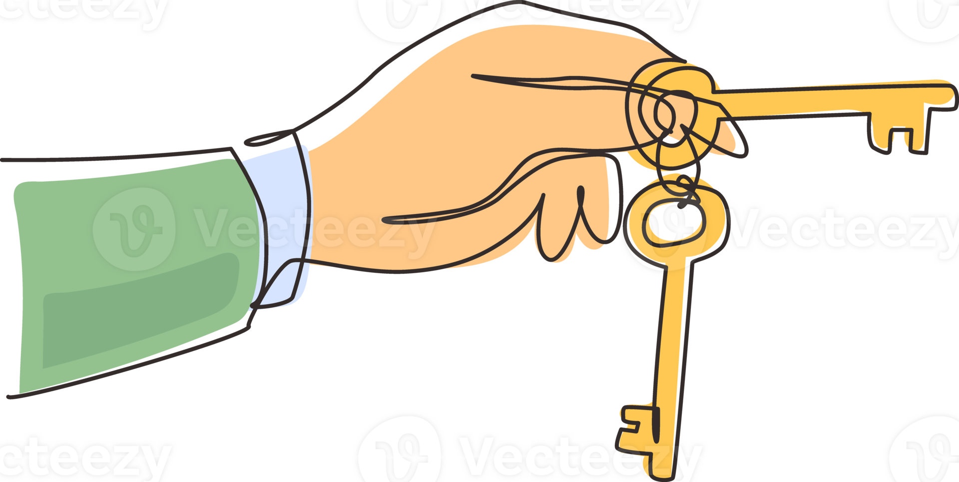 Continuous one line drawing woman's hand with old keys. Retro style unlock sign and icon. Vintage engraving stylized drawing. Key takeaways design. Single line draw design graphic illustration png