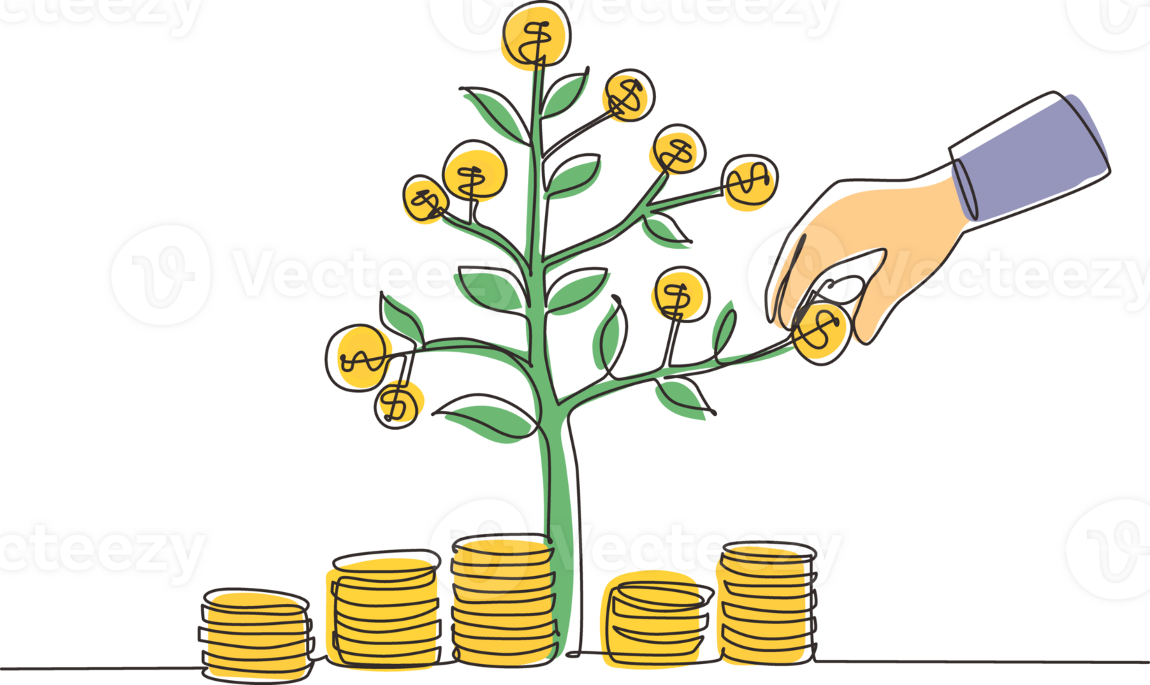 Single continuous line drawing businessman hand pick up coin from growing money tree. Concept for return money saving and investment. One line draw graphic design illustration png