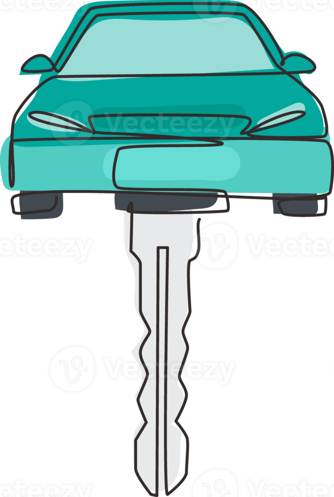 soltero uno línea dibujo coche conformado coche llave. llavero y remoto controlar llave en vehículo interior. electrónico coche llave con pequeño coche forma llavero. moderno continuo línea dibujar diseño gráfico png