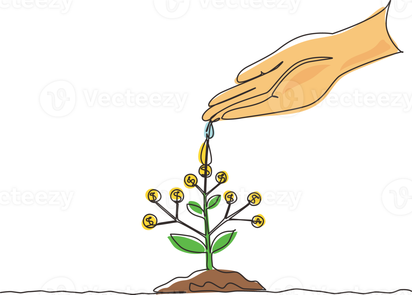 Single continuous line drawing hand nurturing and watering young money plants growing on fertile soil. Concept of money saving and investment. Dynamic one line draw graphic design illustration png