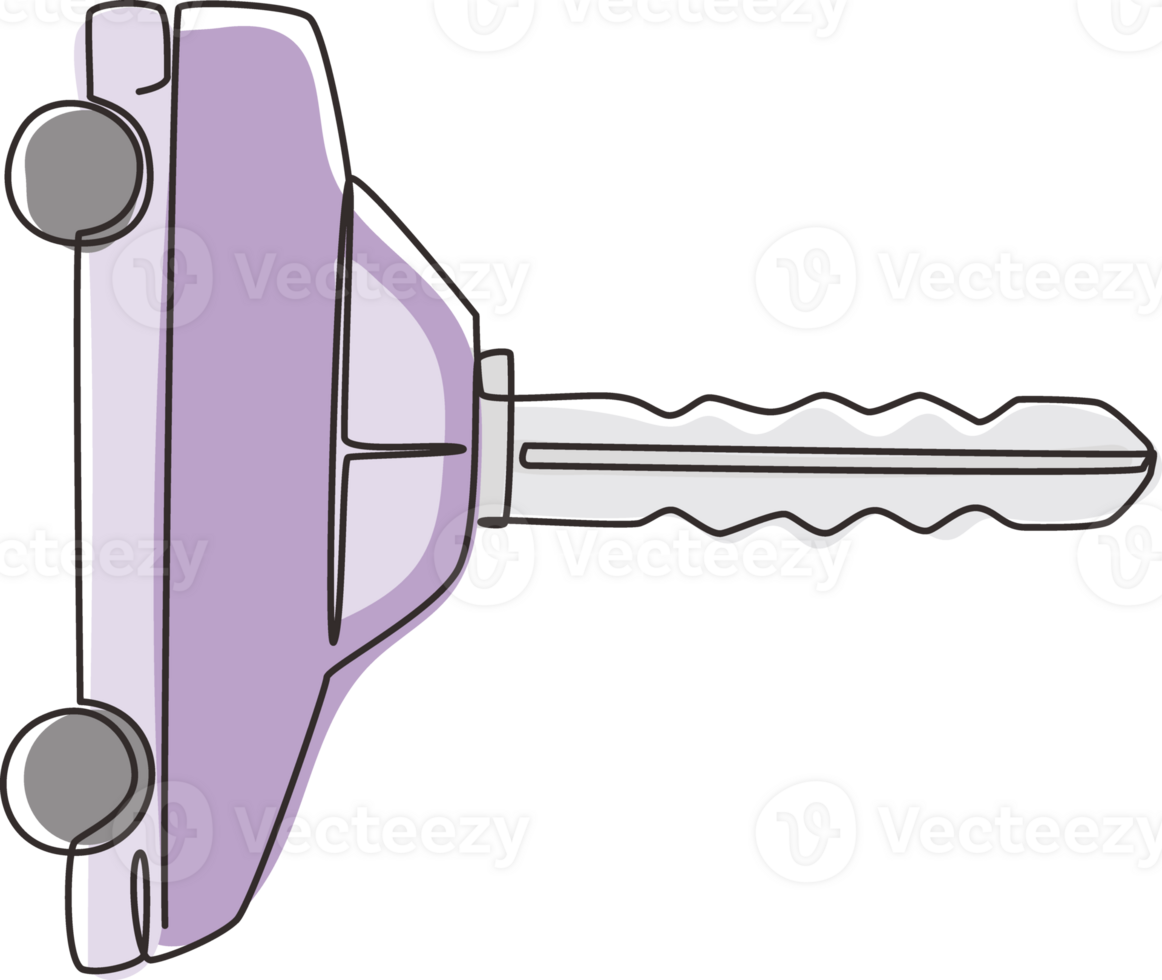 continuo uno línea dibujo coche llave con coche forma. llavero coche y remoto controlar llave en vehículo interior. moderno coche dar la vuelta llave aislado en blanco. soltero línea dibujar diseño gráfico ilustración png