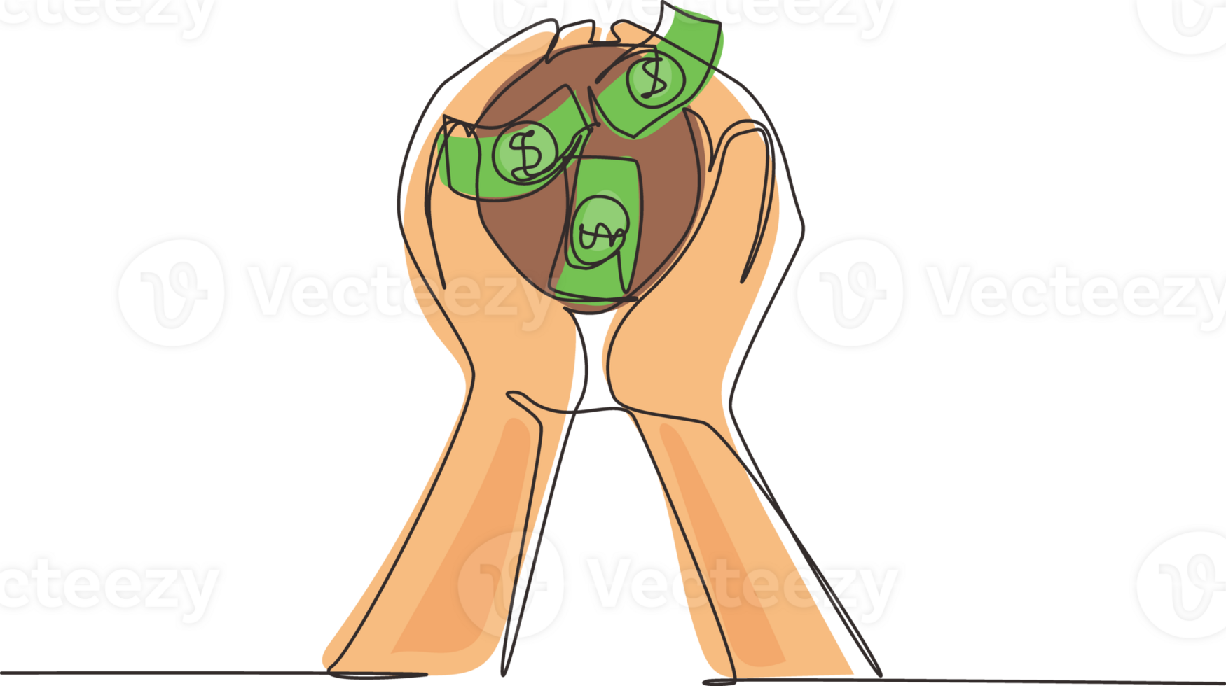 Single continuous line drawing two hands carrying bag of potting money seedlings to be planted into soil. Money, saving and investment or family planning concept. One line draw graphic design png