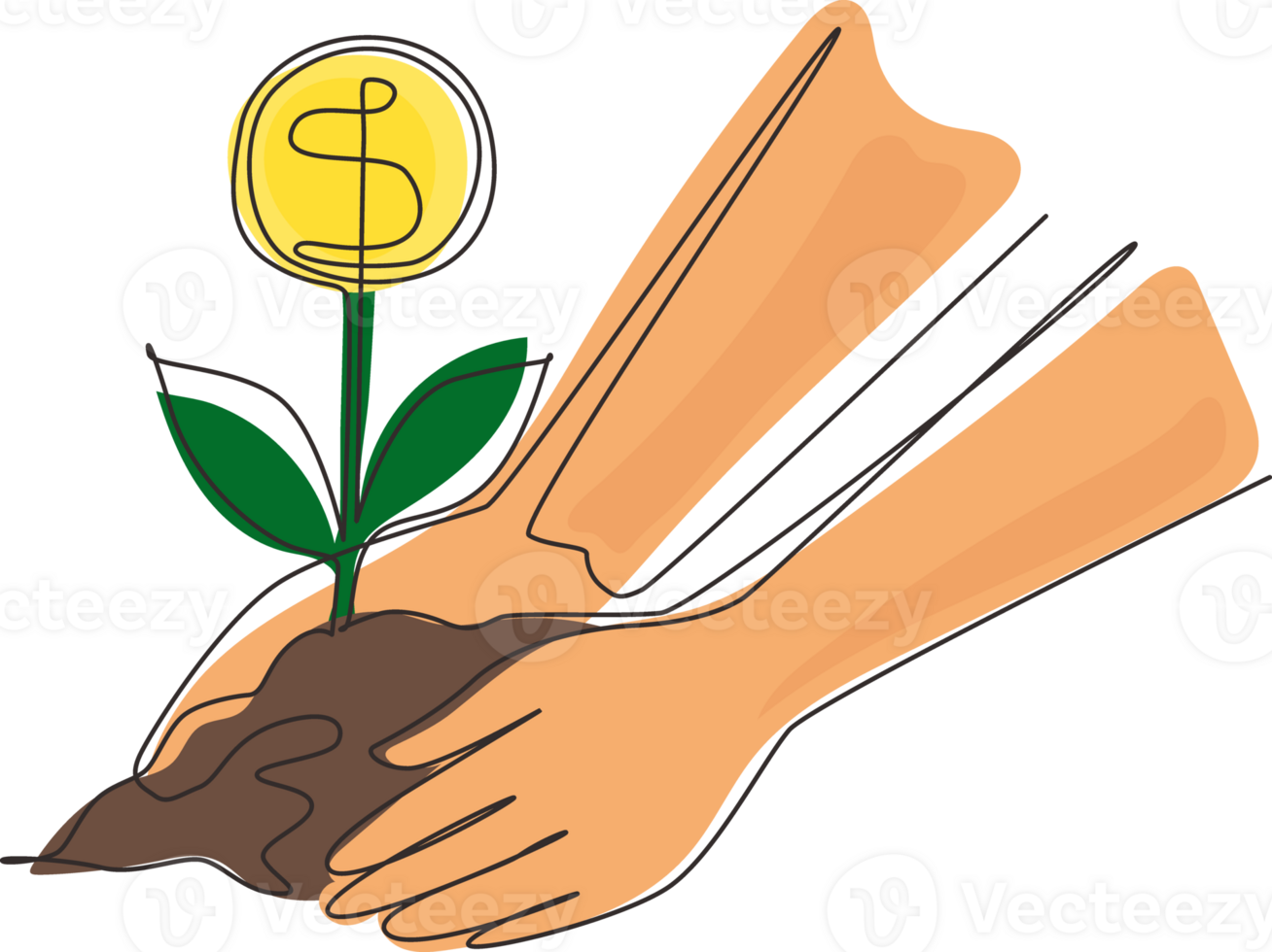 Single one line drawing planting young money tree by kid hand on back soil as care. Concept for return coin money saving and investment. Modern continuous line draw design graphic illustration png