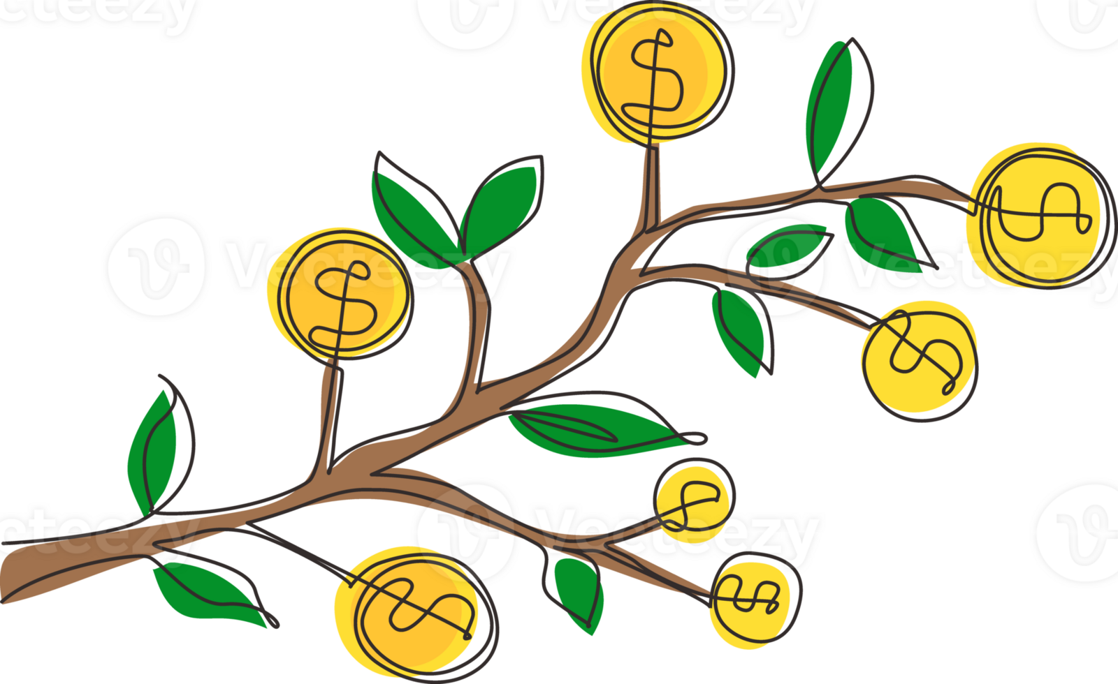 Continuous one line drawing dollar symbol hanging from tree branch. Money tree. Green cash banknotes with golden coins. Concept for return money investment. Single line draw design illustration png