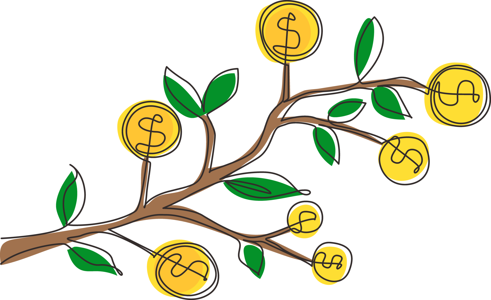 Continuous one line drawing dollar symbol hanging from tree branch ...