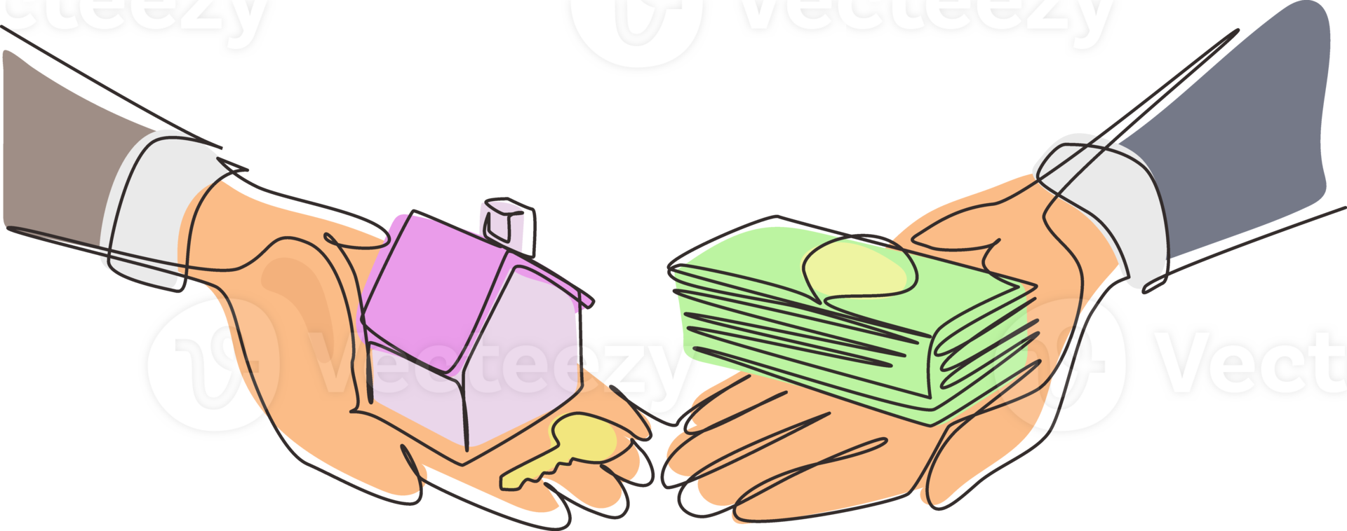 Continuous one line drawing buying house. Agent of real estate holding in hand house, key. Buyer, customer gives cash money. Deal sale and purchase of real, concept. Single line draw design png