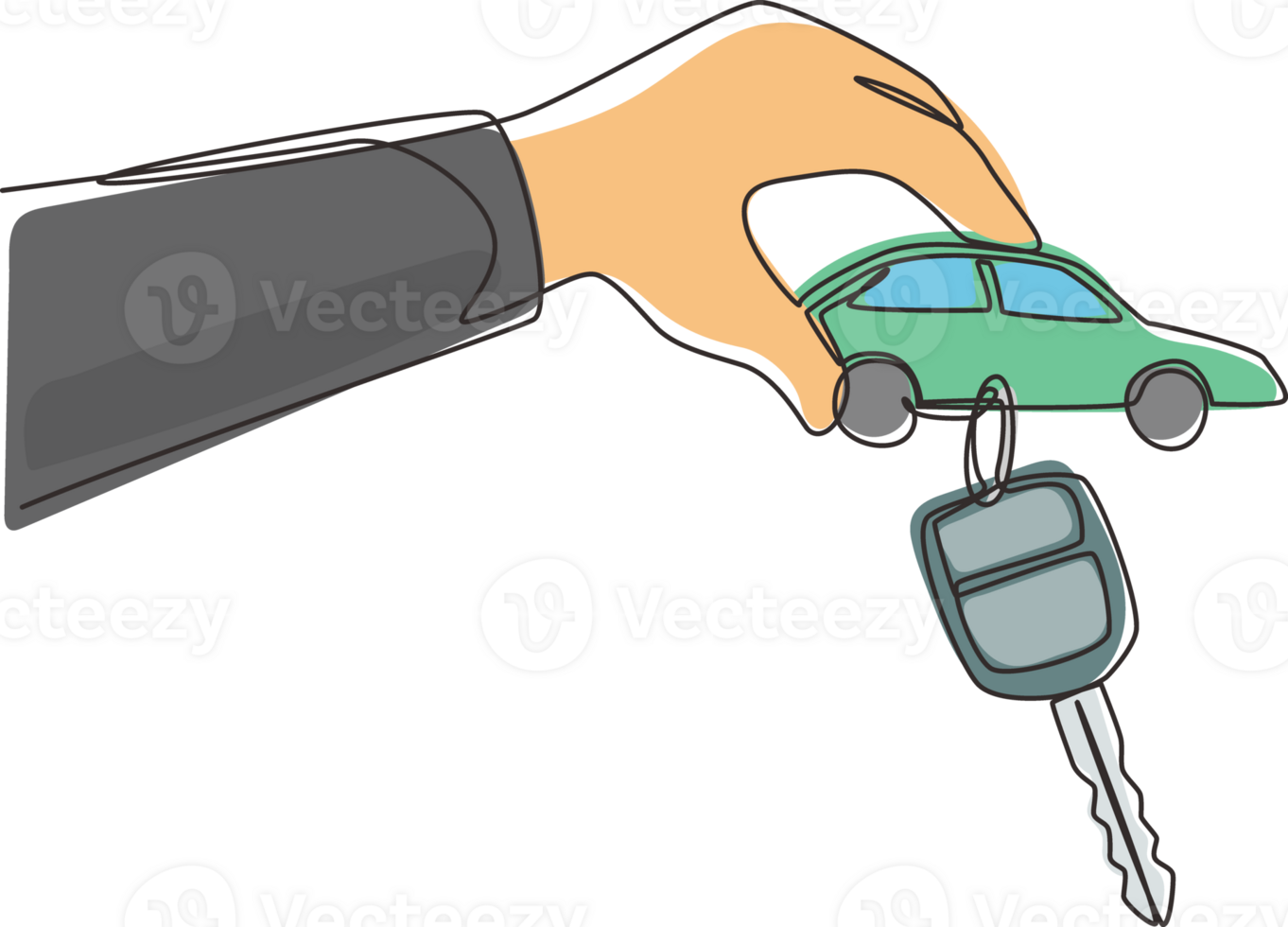 Single one line drawing man handing over keys. Car rental for sale. Hand holding car key with alarm keychain. Hand of car salesman manager holding key. Continuous line draw design graphic png