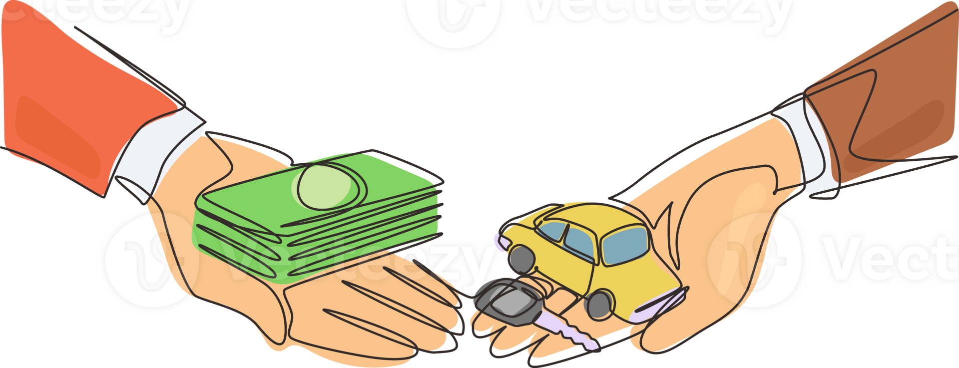 Single continuous line drawing buying or renting car. Car and money holding in hand. Hand of car salesman manager and customer holding car and money. One line draw graphic design illustration png