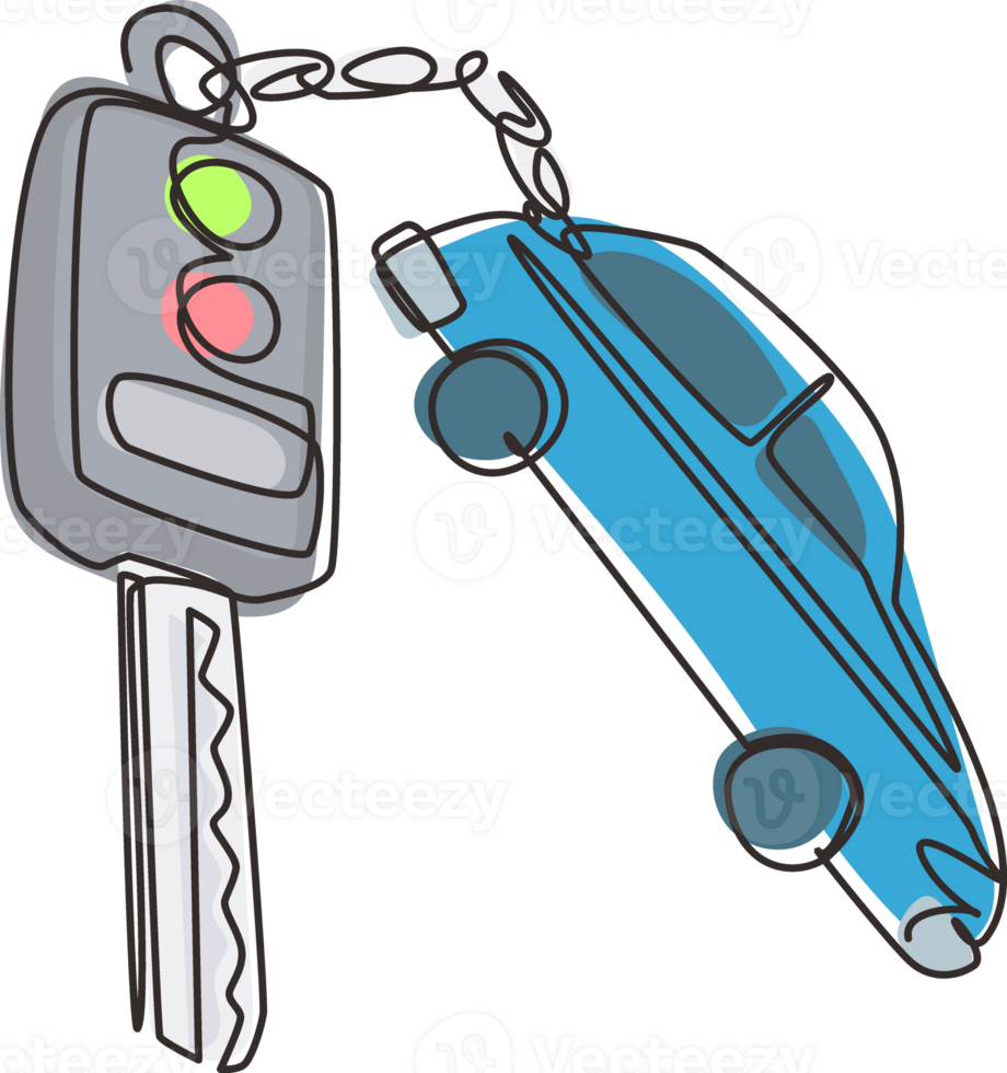 Single one line drawing key car and key ring over the metallic table. Clipping path included. Electronic car key front and back view and alarm system. Modern continuous line draw design graphic png