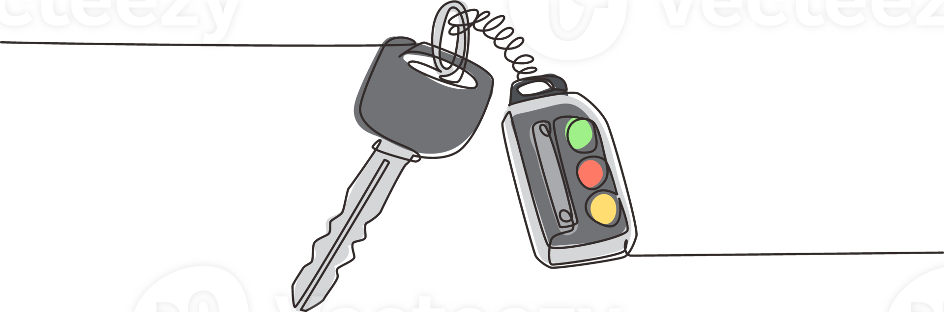 Continuous one line drawing realistic car keys black color isolated on white background. Set of electronic car key front and back view and alarm system. Single line design graphic illustration png