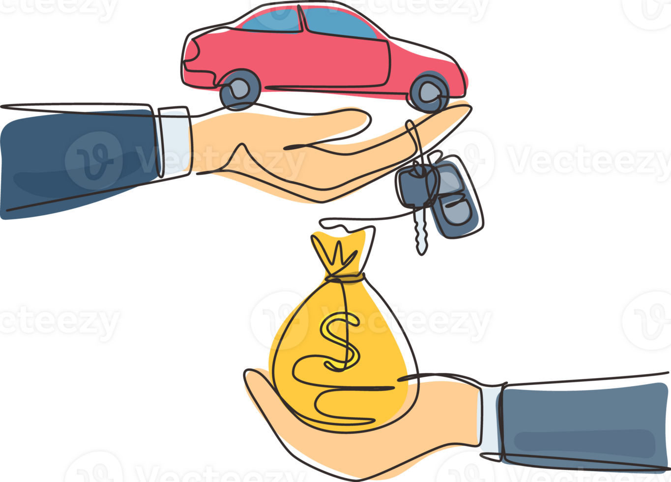 Single continuous line drawing car rental or sale concept. Hand of agent hold car key, hand of buyer hold gold money bag. Buying or rental car. Dynamic one line draw graphic design illustration png