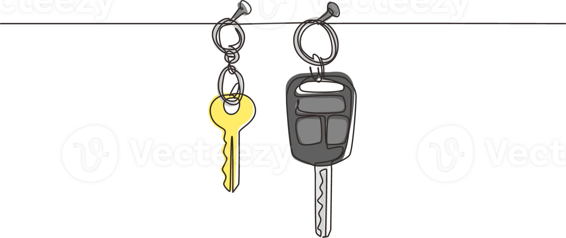 Single continuous line drawing car and house keys hanging on wall. Security key property. Real Estate concept, template for sales, rental, advertising. Dynamic one line draw graphic design png