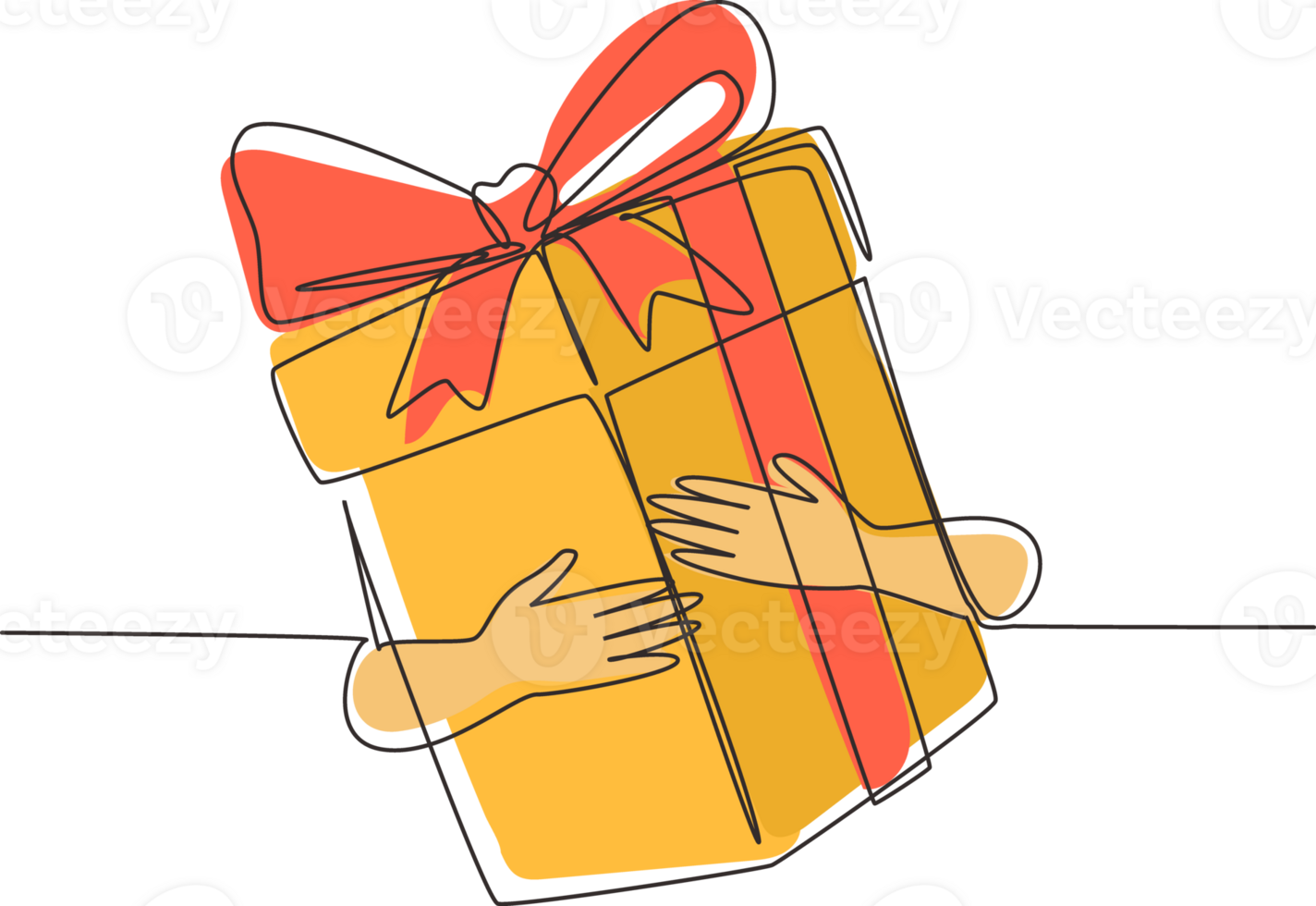 Continuous one line drawing man holds big gift box with ribbon and bow. White box wrapped with ribbon. Decorative gift or cardboard box with bow. Single line draw design graphic illustration png