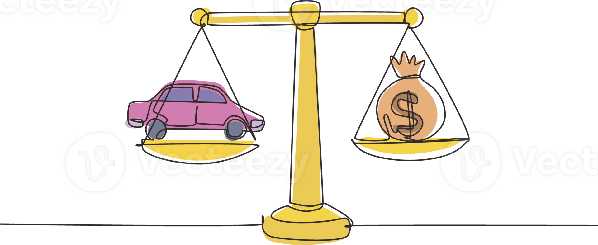 Continuous one line drawing money sack scales concept with a car on one side and sack of money on the other. Sale and purchase new car concept. Single line draw design graphic illustration png