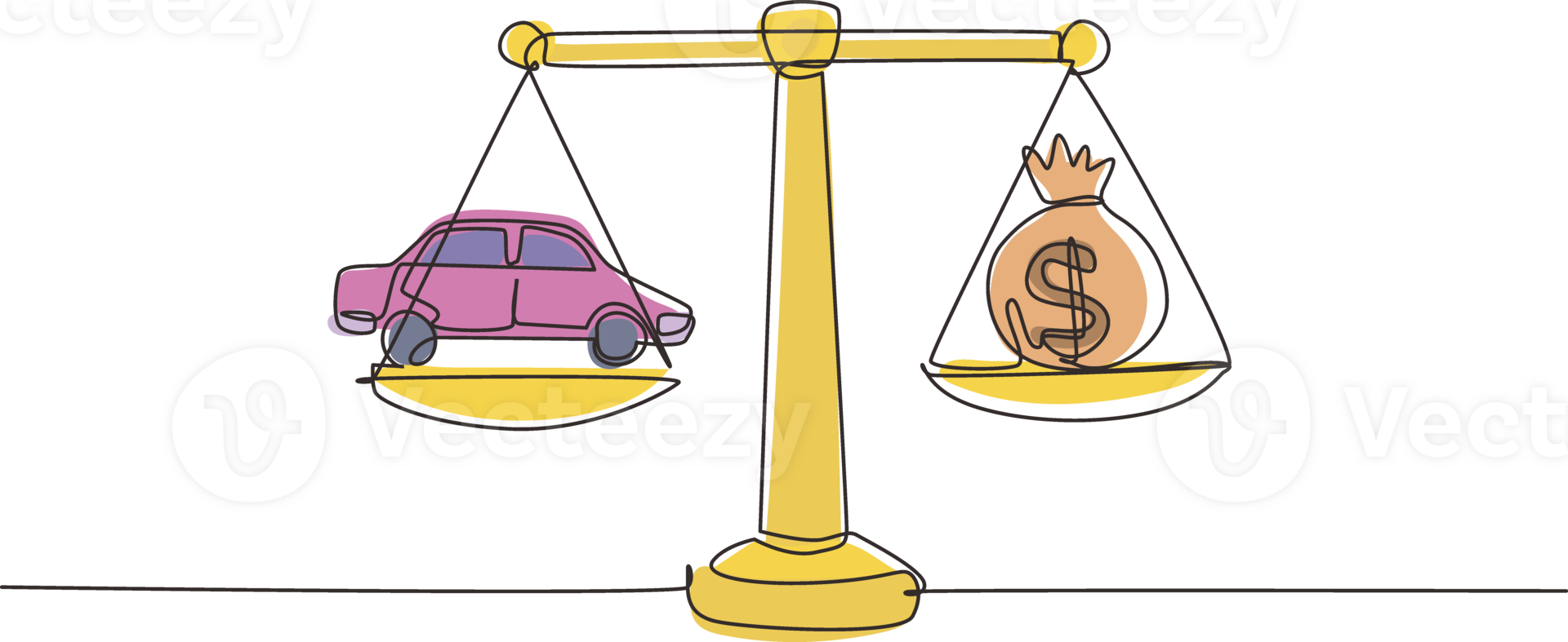 kontinuierlich einer Linie Zeichnung Geld Sack Waage Konzept mit ein Auto auf einer Seite und Sack von Geld auf das andere. Verkauf und Kauf Neu Auto Konzept. Single Linie zeichnen Design Grafik Illustration png