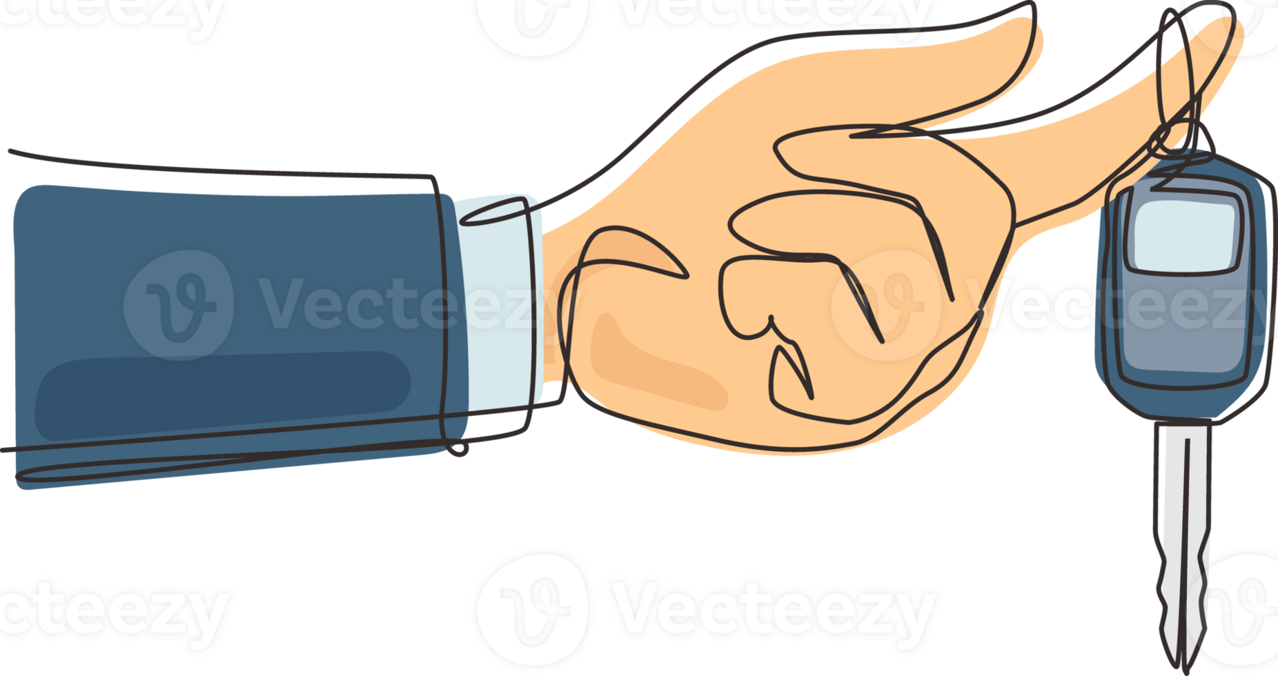 solteiro 1 linha desenhando mão segurando suspensão carro chave e alarme sistema. mão segurando carro chave com alarme chaveiro. mão do carro vendedor Gerente segurando chave. contínuo linha desenhar Projeto gráfico png
