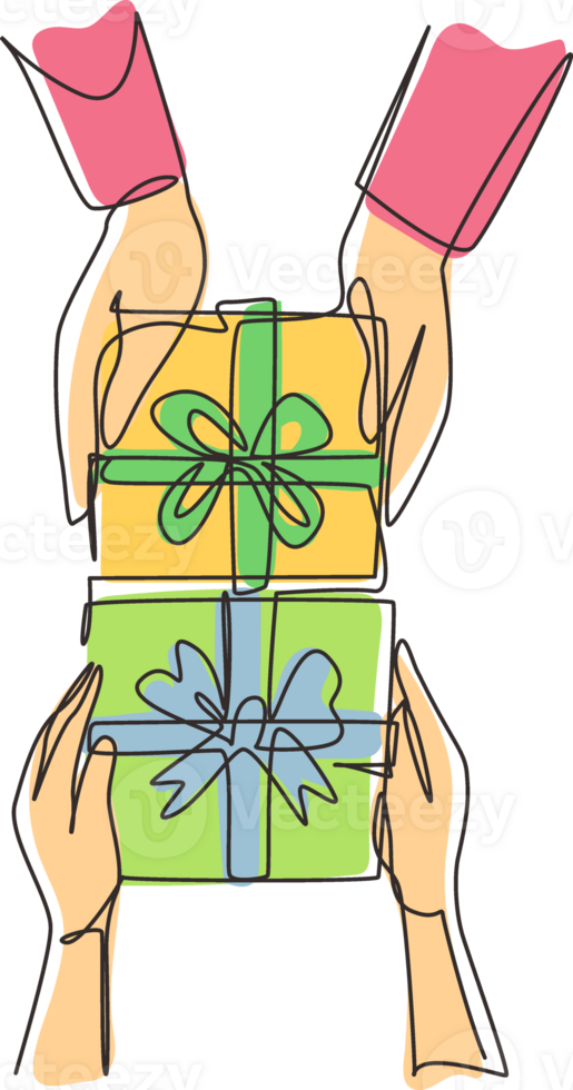 Single one line drawing gives gift new year presents laid on wooden table background. Birthday presents cardboard box with ribbon bow. Modern continuous line draw design graphic illustration png