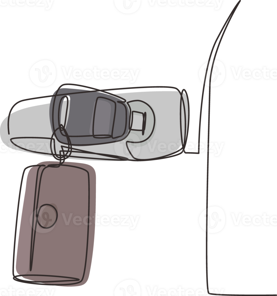 Continuous one line drawing car keys were plugged into car door. Sale, lease and purchase of cars. Auto rental concept. Suitable for vehicle business. Single line design graphic illustration png