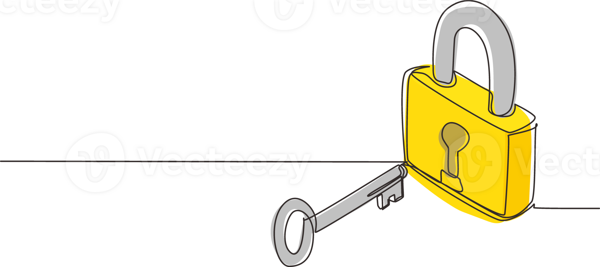 Single continuous line drawing lock and key, isometric image. Key and
