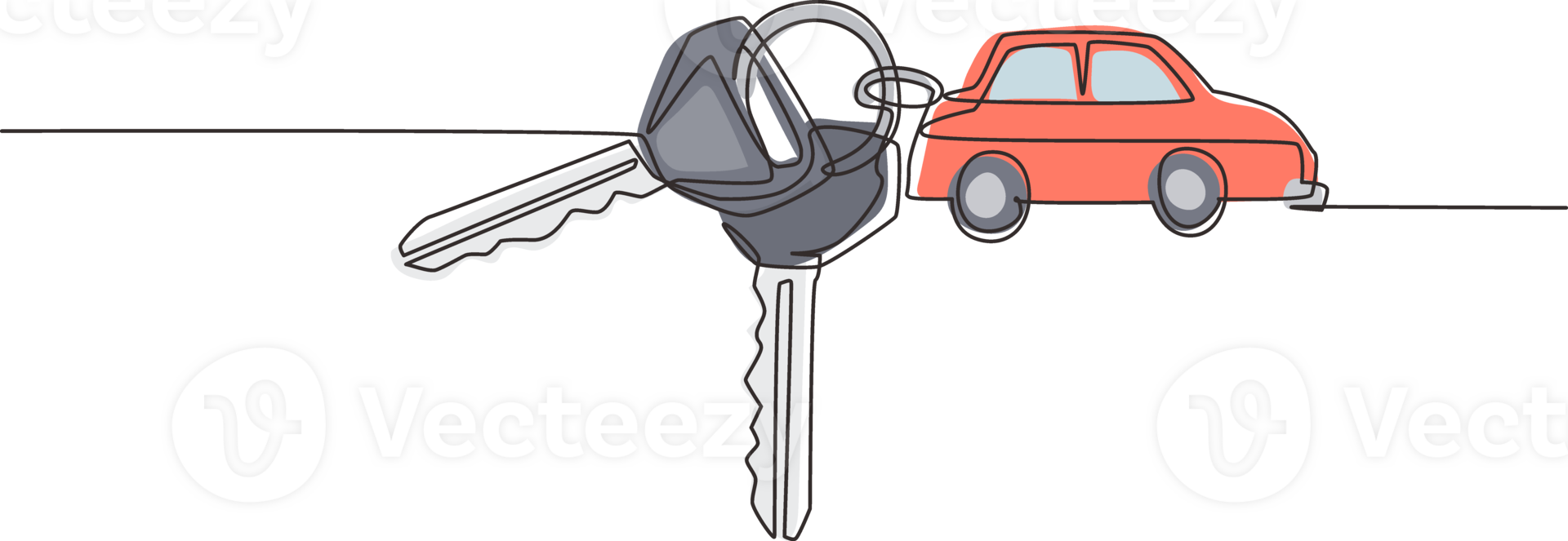 Single one line drawing keys with car shaped key holders. Keychain with key ring, two keys and pendant car locket. Keychain with car with locket icon. Continuous line draw design graphic png