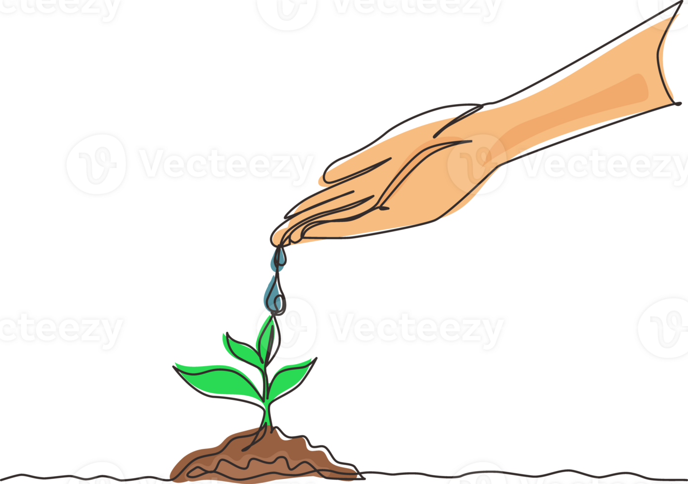 Single one line drawing hand nurturing and watering young baby plants growing in germination sequence on fertile soil. Agriculture ecology concept. Modern continuous line draw design graphic png