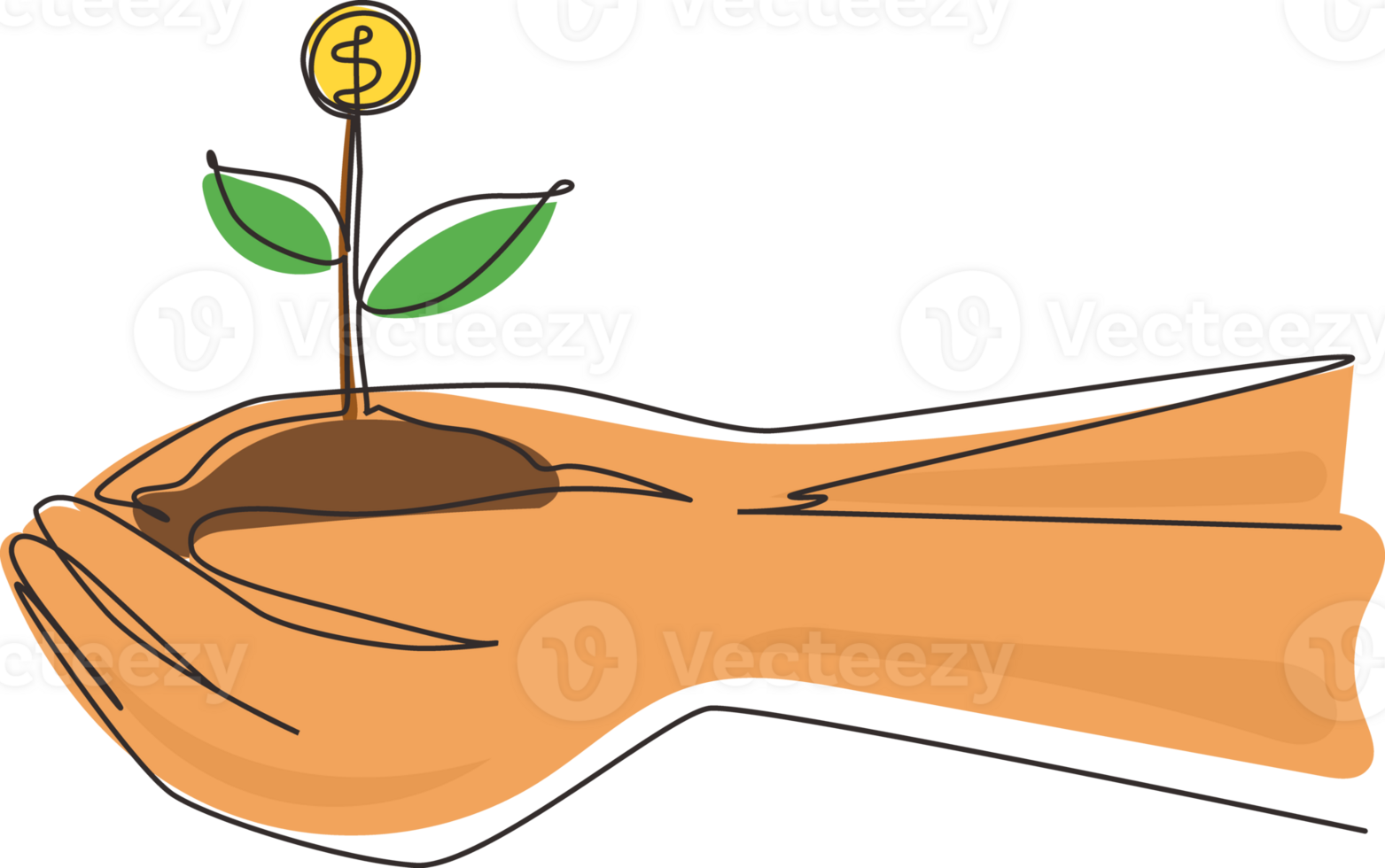 Single kontinuierlich Linie Zeichnung Hand halten sprießen ein Geld Baum auf Natur Feld. Geld Baum Investition Wachstum Einkommen Interesse Ersparnisse Wirtschaft Mittel Lager Markt. einer Linie zeichnen Grafik Design png