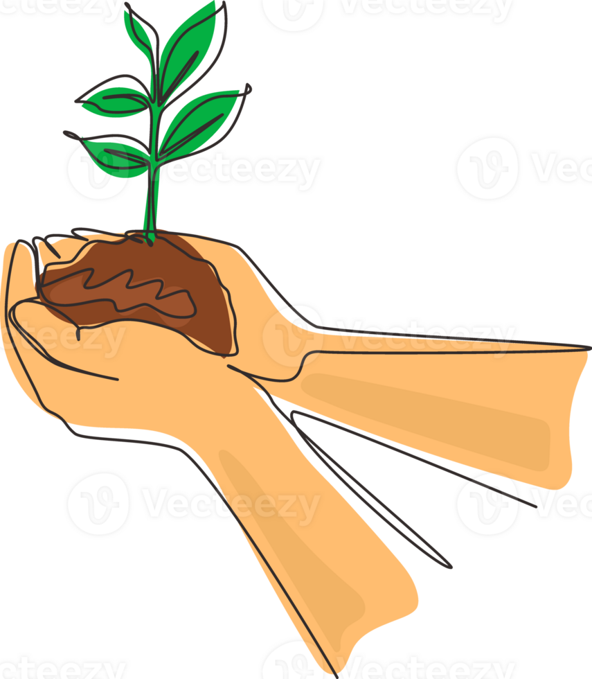 Single continuous line drawing hands of the farmer are planting the seedlings into the soil. Hand holding tree on nature field grass. Agriculture ecology concept. One line draw graphic design png
